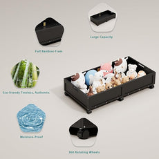Bamboo Under Bed Storage Containers, Rolling Underbed Organizer with Wheels, Sturdy Under the Bed Shoe Storage Bins, Stackable Underbed Drawers for Bedroom Closet Clothing Toy 2 Packs (Black, Large)