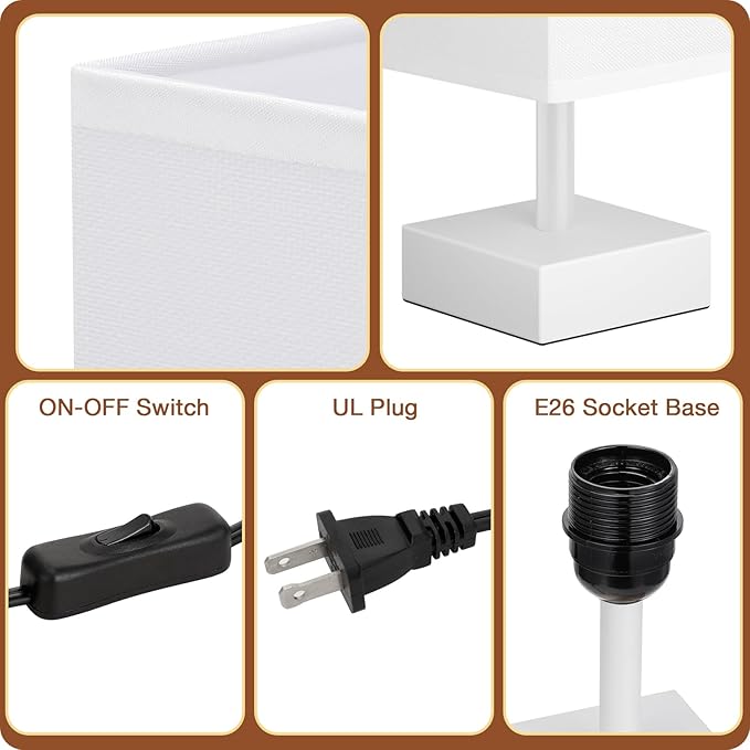 aooshine White Small Table Lamp - Bedside Lamp for Bedroom, Minimalist Nightstand Lamp with Square Fabric Shade, Desk Lamp for Kids Room Dorm