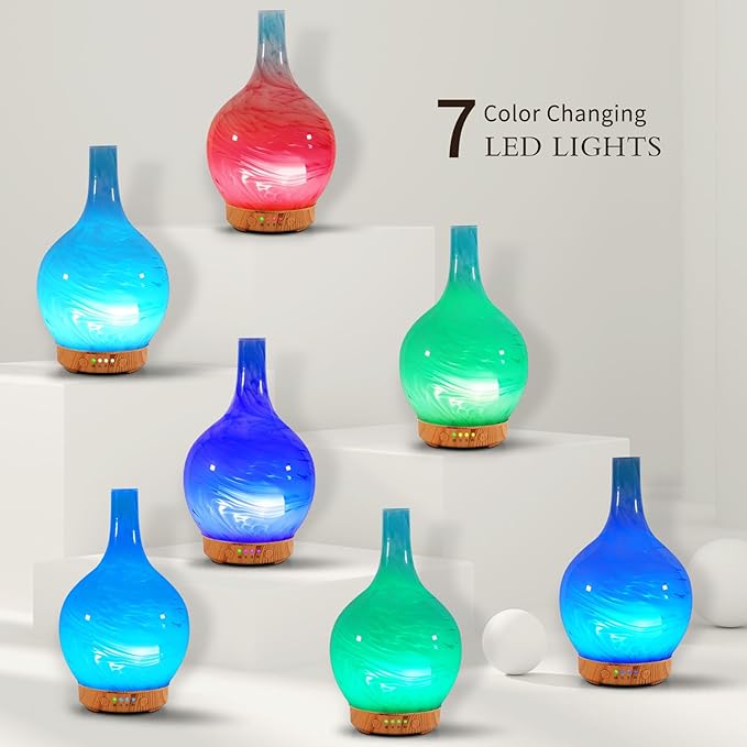 Porseme 150ml Essential Oil Diffuser Glass Color Changing Aroma Air Diffusers Aromatherapy Ultrasonic Cool Mist Humidifier 6 Running Hours Waterless Auto-Off for Sleeping, Yoga, Office, Spa(Blue Wave)