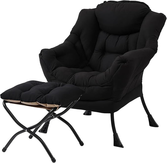 Lazy Chair with Folding Ottoman, Modern Accent Lounge Armchair with Armrests and a Side Pocket & Foldable Footstool, Leisure Reading Chair for Living Room, Bedroom, Dorm & Office, Black