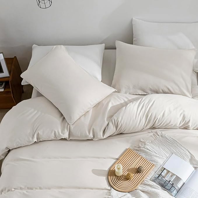 JELLYMONI Cotton Duvet Cover Full Size - Beige Comforter Cover with Button 100% Washed Cotton 3PCS Breathable Soft Solid Bedding Set Duvet Cover 80×90in & 2 Pillowcases (NO Comforter)