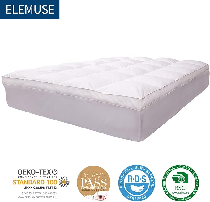 ELEMUSE Full Size Extra Thick Fusion Goose Down Feather Filled Mattress Topper, Plush Fluffy Double Layer Pillowtop Mattress Pad Cover, Soft Featherbed with 8-21 Inch Deep Pocket
