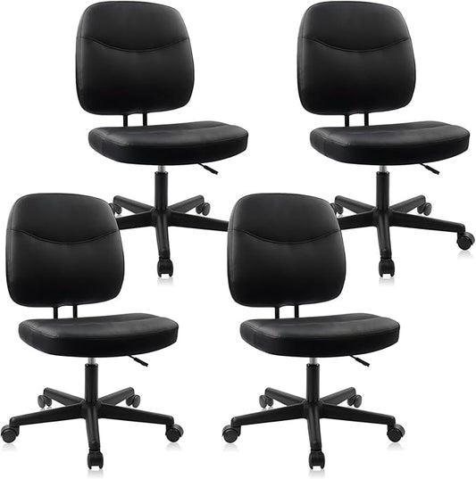 CLATINA Armless Home Office Chair, Small PU Leather Ergonomic Low Back Desk Chair with Lumbar Support and Wheels, Adjustable Height 360° Swivel Rolling Computer Task Chair, Black, 4 Pack