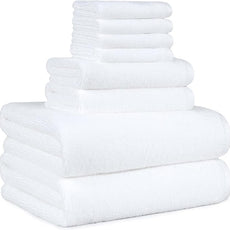 Amazon basics 100% cotton Lightweight quick-dry bath towel set, 8-piece, white, 10