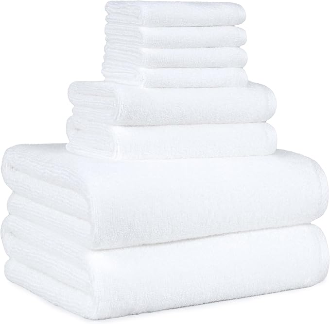 Amazon basics 100% cotton Lightweight quick-dry bath towel set, 8-piece, white, 10" x 7"