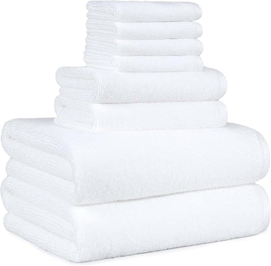 Amazon basics 100% cotton Lightweight quick-dry bath towel set, 8-piece, white, 10" x 7"
