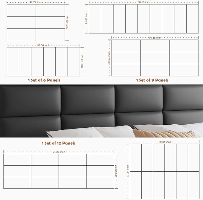 IFNOW Wall Mounted Upholstered Headboard Queen, 3D Peel and Stick Soundproof Panels, Reusable and Removable Padded Leather Bed Headboard, 9 Panels 9.84" x 23.62", Black