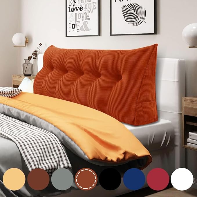 WOWMAX 100% Cotton Corduroy Headboard Pillow – Queen Size Back Support Reading Wedge for Bed & Daybed, Plush Handmade Bolster Cushion with Removable Cover, Cozy Bed Rest Pillow, Rusty Orange