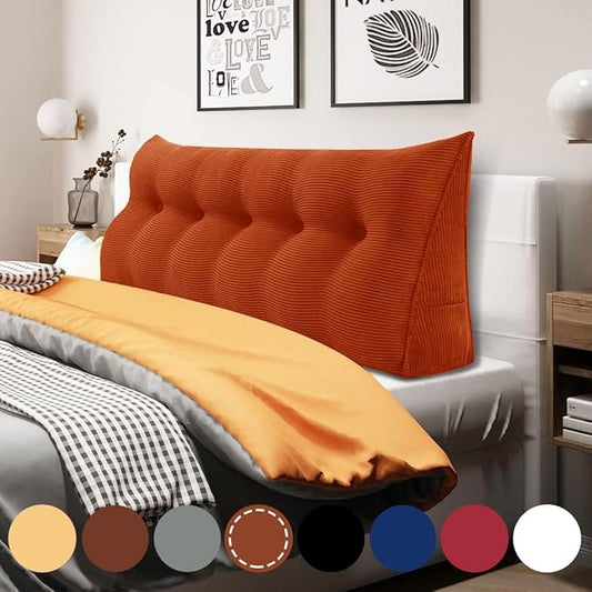 WOWMAX 100% Cotton Corduroy Headboard Pillow – Queen Size Back Support Reading Wedge for Bed & Daybed, Plush Handmade Bolster Cushion with Removable Cover, Cozy Bed Rest Pillow, Rusty Orange