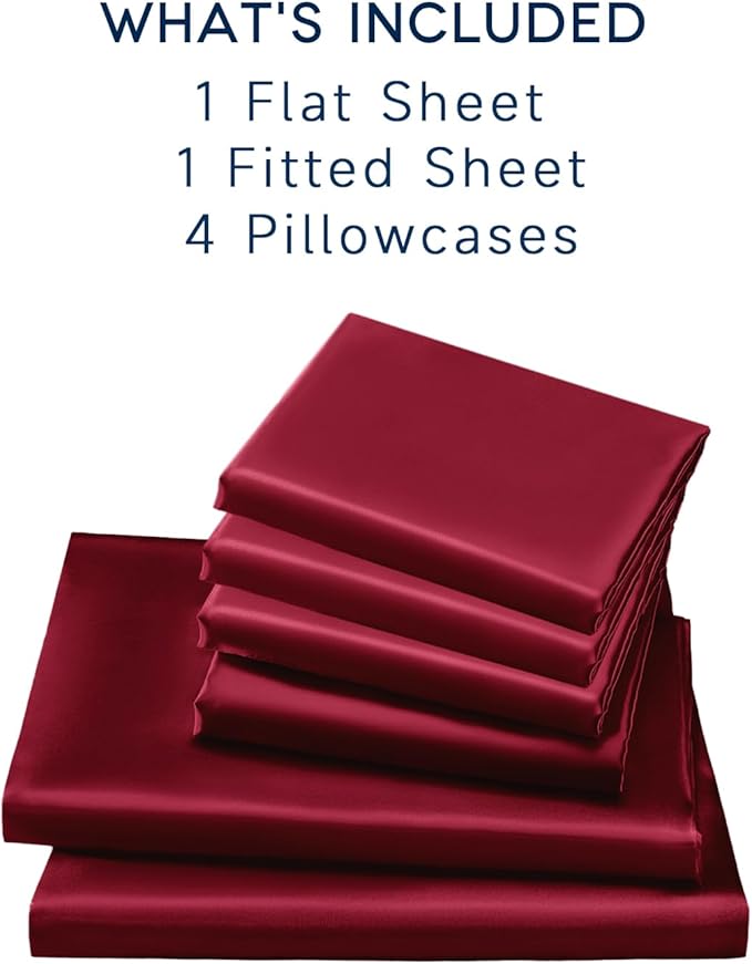 Satin Sheets King Size - 6 Pieces Luxury Silky Soft Bed Sheets, Wrinkle-Free Burgundy Satin Silk Sheet Set with 1 Deep Pocket Fitted Sheet, 1 Flat Sheet, 4 Pillow Cases