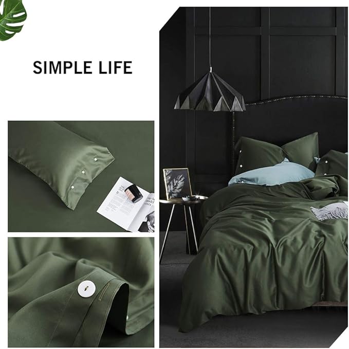 VM VOUGEMARKET Sateen Cotton Duvet Cover Queen,3pcs Dark Army Green Bedding Set for Hot Sleeper,Soft Siky Breathable Duvet Cover with Zipper Closure (Olive Green,Queen)