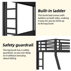 Twin Over Full Bunk Bed, Metal Bunk Bed Frame Heavy Duty Bunk Beds Loft Bed Frame with Ladder and Guardrail Metal Slats No Box Spring Required for Adults Teens, Black