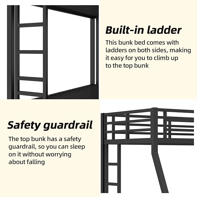 Twin Over Full Bunk Bed, Metal Bunk Bed Frame Heavy Duty Bunk Beds Loft Bed Frame with Ladder and Guardrail Metal Slats No Box Spring Required for Adults Teens, Black