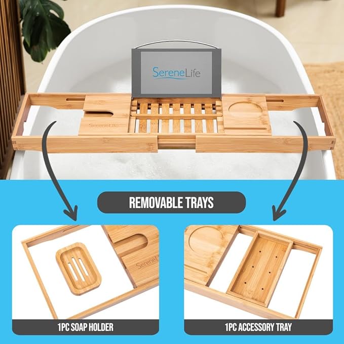 SereneLife Premium Bathtub Tray Caddy with Gift Box and Bow Set, Expandable Bath Tray, Unique House Warming Gifts for Mom, Women, Wedding, Anniversary, Bridal Shower, Fit for All Tub - Classic