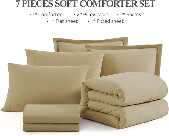 WRENSONGE Queen Comforter Set- 7 Pieces Soft Taupe Bed in a Bag Queen Size with Fitted Sheet, Flat Sheet, 2 Pillow Shams, and 2 Pillowcases- Khaki Bedding Sets for All Season