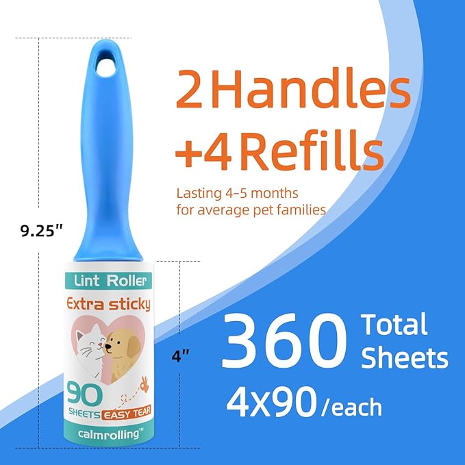 Extra Sticky Pet Hair Remover Lint Roller, 4 Refills (360 Sheets) + 2 Handles, Easy Tear No Residue for Clothes, Couch, Furniture and Car Seats
