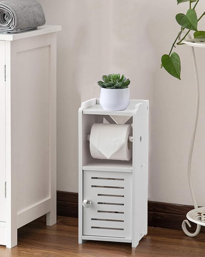 AOJEZOR Toilet Paper Holder Stand: Free Standing PVC Bathroom Cabinet - Small Bathroom Storage for Apartment Dwellers - White