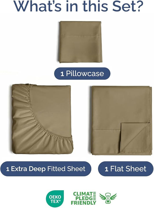 Extra Deep Pocket Twin XL Sheets - 3 Piece Breathable & Cooling Bed Sheets - Hotel Luxury Bed Sheet Set - Soft, Wrinkle Free & Comfy - Easily Fits Extra Deep Mattresses - Deep Pocket Khaki Sheets Set