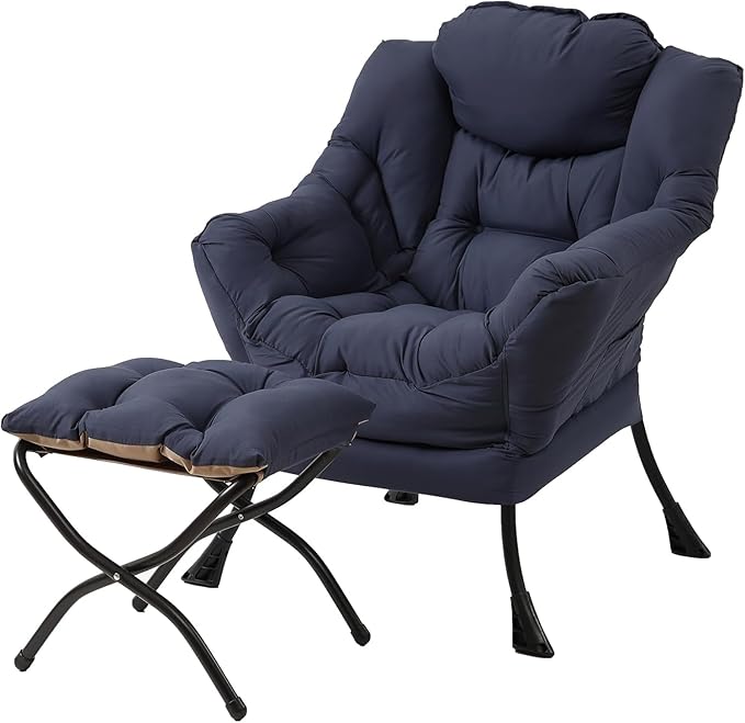 Tiita Lazy Chair with Ottoman, Modern Large Accent Lounge Armchair, Comfy Leisure Sofa Reading Chair with Footrest for Bedroom, Living Room, Dorm Rooms, Garden and Courtyard, Navy