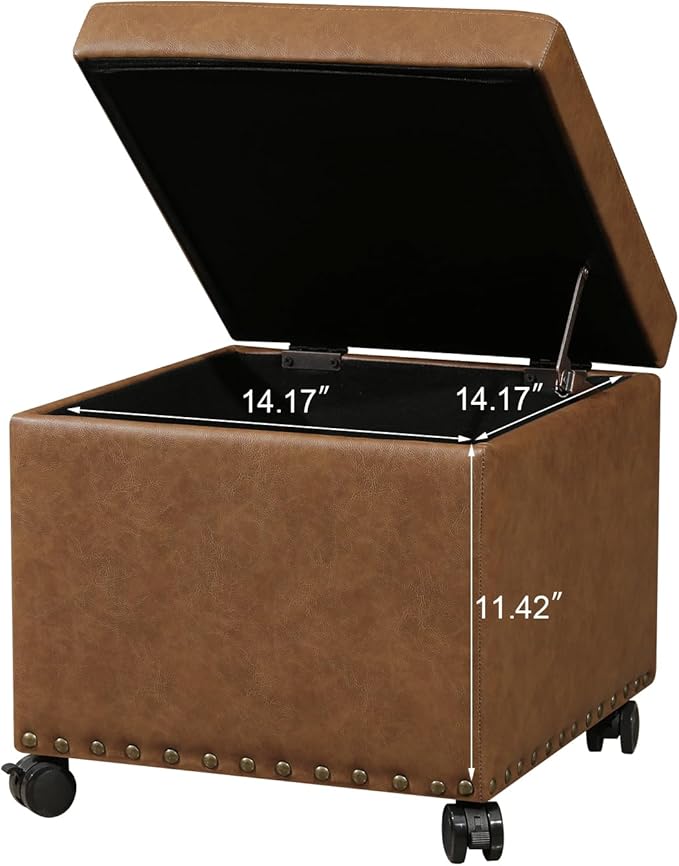 17.7" Square Faux Leather Storage Ottoman with Wheels, Rolling Storage Bench, Footstool with Wheels for Living Room, Hassocks and Ottomans, Vintage Golden Brown