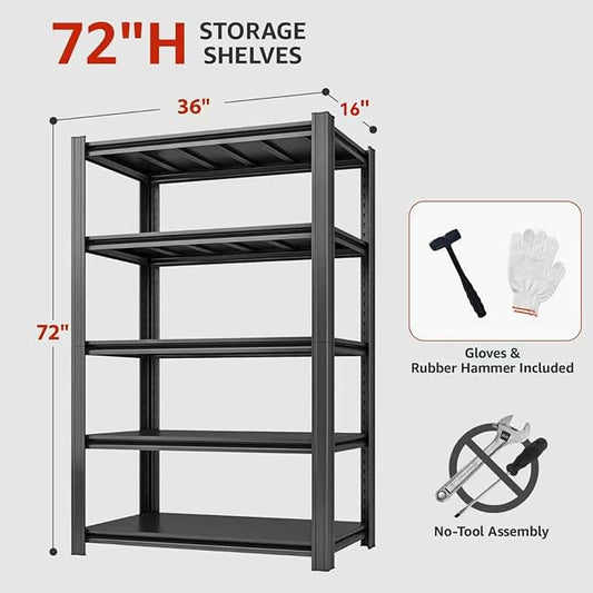 36" W Father&I 5-Shelf-Rack Industrial Heavy-Dudy Adjustable Metal Garage Bin Storage Shelving Stant Shelves Units/Systems Organizer for Basement/Closet/Tote/Pantry, 72" H*36W *16" D, Black