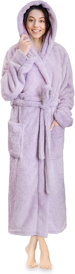 PAVILIA Women Hooded Plush Soft Robe | Fluffy Warm Fleece Sherpa Shaggy Bathrobe