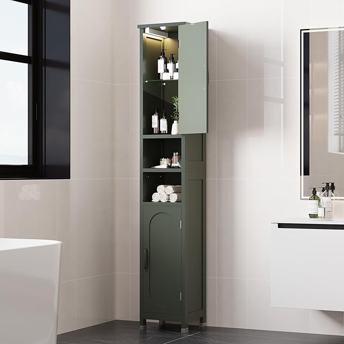 67" Tall Bathroom Storage Cabinet with Lights, Slim Narrow Bathroom Cabinet Organizer with Doors and Adjustable Shelves, Tall Cabinet for Small Space (66.9" Tall-Green with Light, 1 Pack)