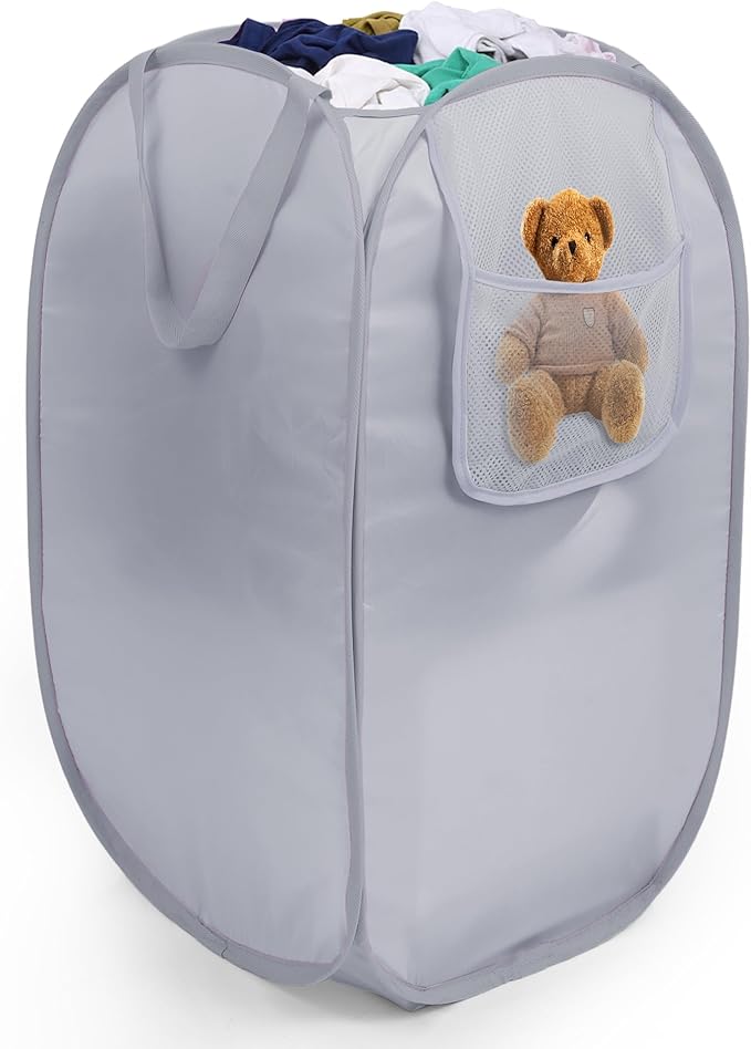 Sturdy Collapsible Laundry Baskets with Side Pocket, Pop Up Laundry Hamper Lightweight, Foldable Thick Fabric Clothes Basket with Reinforced Handles for Bedrooms, Dorm, Bathrooms, Travel Grey