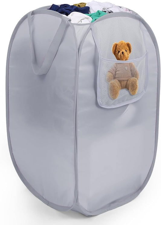 Sturdy Collapsible Laundry Baskets with Side Pocket, Pop Up Laundry Hamper Lightweight, Foldable Thick Fabric Clothes Basket with Reinforced Handles for Bedrooms, Dorm, Bathrooms, Travel Grey
