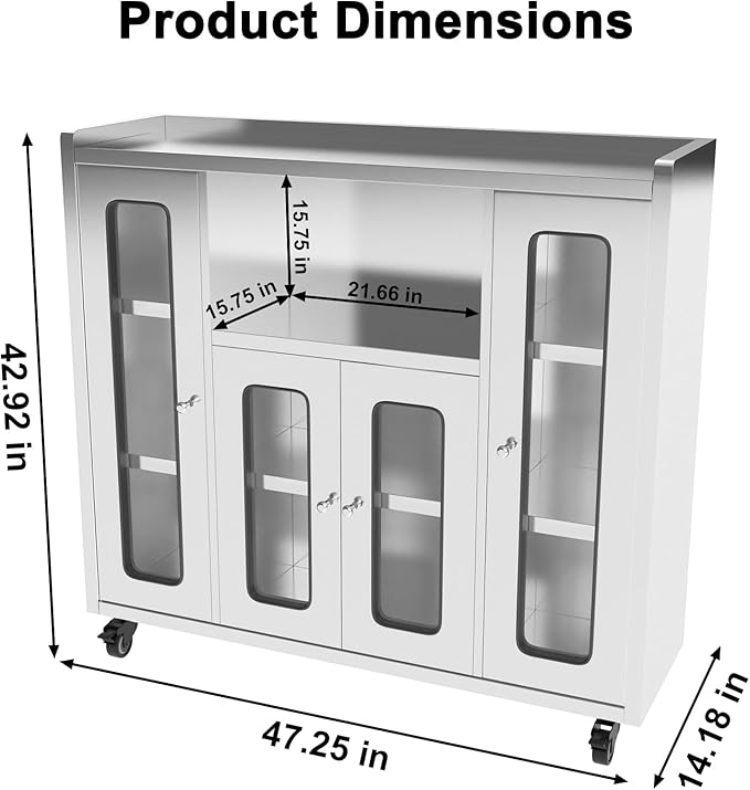 ZZV Stainless Steel Storage Cabinet, Rolling Kitchen Cabinet with Wheels, Heavy Duty Floor Cabinet for Kitchen, Garage, Restaurant, Outdoor, No Assembly Required, D14.18 x W47.25 x H42.92