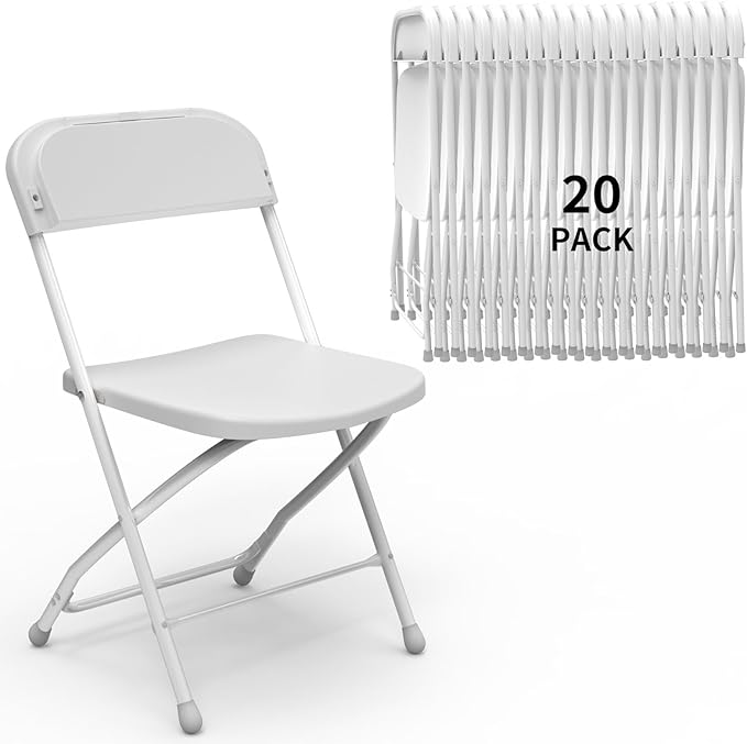 SHGJ&SOFT Set of 20 Folding Chairs, Plastic Seat and Backrest, White Metal Frame Chair, Suitable for Indoor and Outdoor,Capacity 350 lbs (White, 20-Pack)