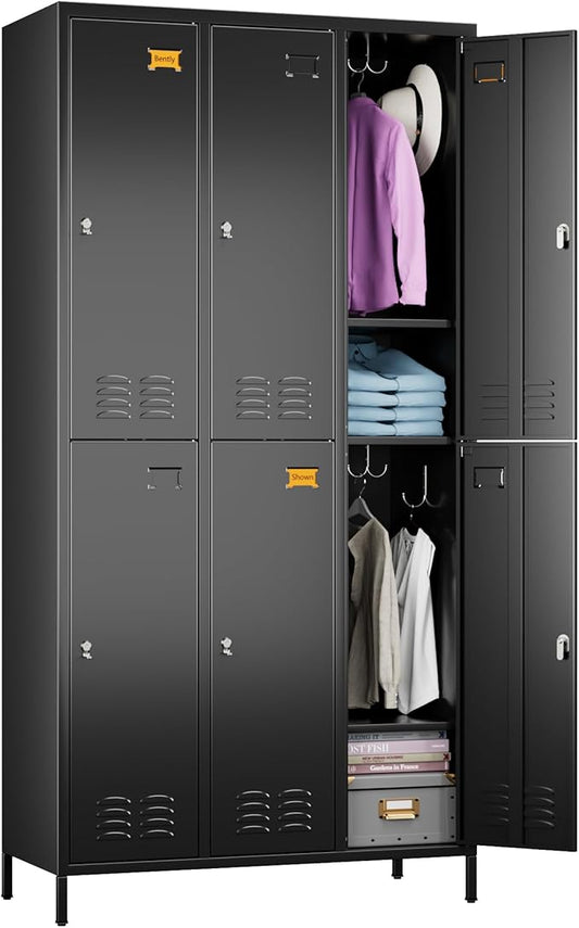 Aobabo Upgrade Metal Storage Locker for Employees, 6 Doors Steel Storage Locker with 18 Hooks for Office Gym School, Industrial Storage with 6 Shelves, Assembly Required, Black