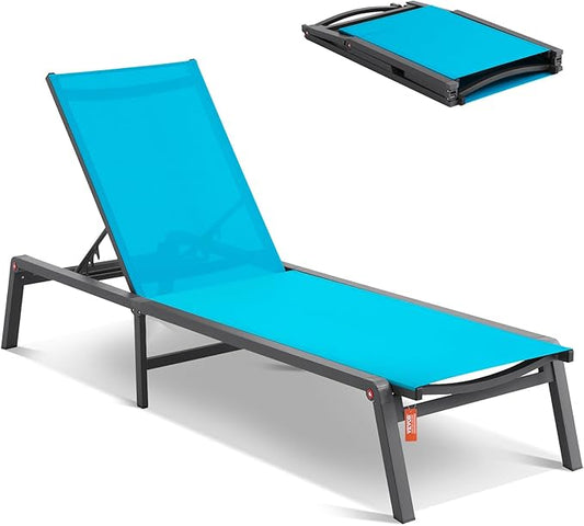 VEVOR Chaise Lounge Chairs Outdoor, Aluminum Patio Lounge Chairs with Adjustable 5-Position, Folding Pool Chair Recliner and Full Flat Tanning Chair for Patio, Beach, Pool, Blue