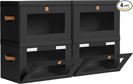 Collapsible Storage Bins - Large Stackable Organizer Bins, Decorative Boxes with Handles & Window, Fabric Containers for Living Room, Closet, Dorm, 4 Pack, Black