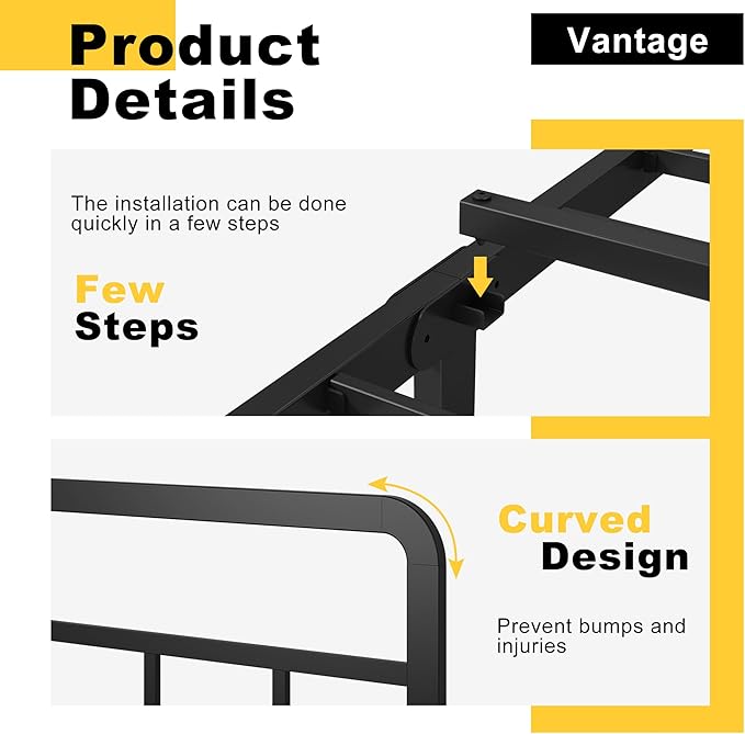 16 Inch Twin XL Bed Frame with Headboard No Box Spring Needed Metal Platform Heavy Duty Steel Slat Mattress Foundation/Easy Assembly/No Noise/Black