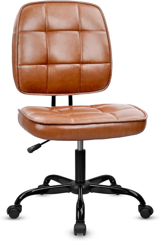 CLATINA Armless Home Office Chair with Lumbar Support and Wheels, Small PU Leather Ergonomic Low Back Desk Chairs No Arms, Adjustable Height 360° Swivel Rolling Computer Task Chair, Brown
