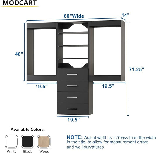 Modular Closet System, 60" Wide Closet Organizer System with Hanging and Drawers, Wood Tower Closet Storage for Walk In Closets, Wall Mounted Wardrobe Organizer Kit System, Bedroom, Black