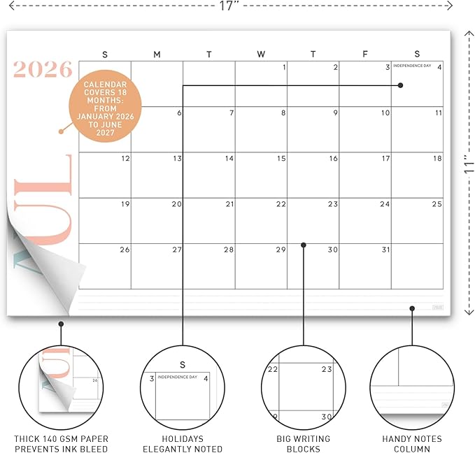 S&O Modern Large Desk Calendar from January 2026-June 2027 - Tear-Away Table Calendar 2026-2027 - Desktop Blotter - Academic Desk Planner - Desk Pad Large - 11x17in