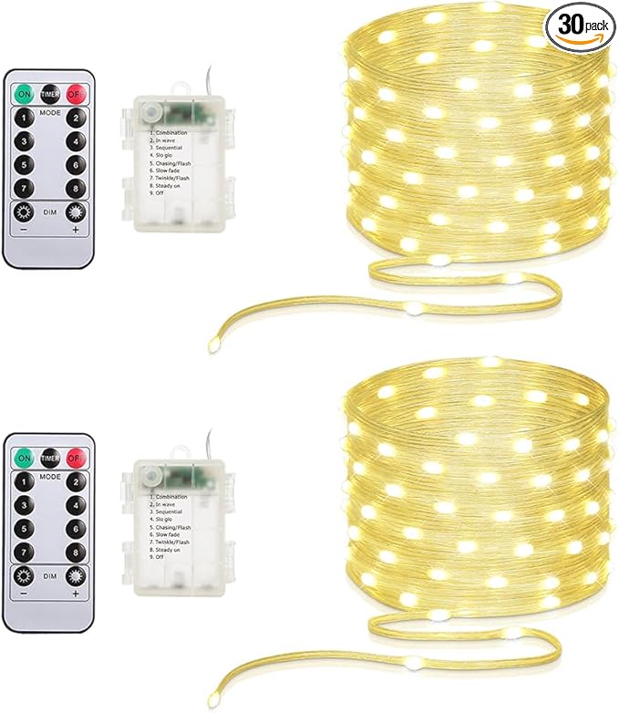 16.5ft Battery Operated String Lights (2 Pack), 50 LED Fairy String Lights Battery Powered with Remote & Timer for Indoor Outdoor Christmas Trees Wreath Decoration Bedroom Patio - Warm White
