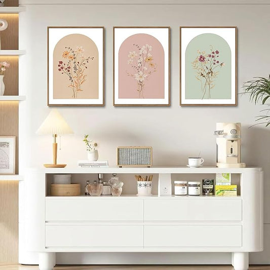 KISSFOX 3 Piece Framed Wall Art Botanical Wall Decor Floral Pictures Wildflower Canvas Art Pink Green Yellow Paintings Minimalist Boho Artwork For Girly Room Bedroom Apartment Living Room