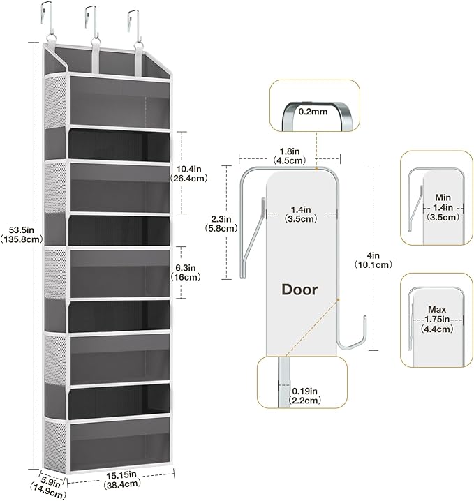 Over the Door Organizer with 5 Front & 10 Mesh Side Pockets, 50LB Capacity Extra Large Hanging Storage Organizer Multi-Room Space-Saving Design with 3 Hook for Closet, Bathroom, Kitchen, Pantry, Grey