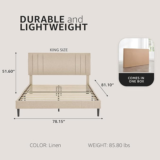 Decoro Chicago Modern Tufted Upholstered Platform King Size Bed Frame, Linen