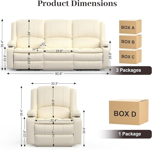 3 Seater Recliner Sofa Set with 2-Tier Cushion, 3+1 Pieces in Living Room, 3 Seater Reclining Couch Leather with Removable Console, 1 Oversize Recliner Chair Sofa Seat