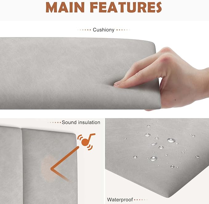 IFNOW Wall Mounted Upholstered Headboard King, 3D Peel and Stick Soundproof Panels, Reusable and Removable Padded Leather Bed Headboard, 12 Panels 9.84" x 23.62", Light Grey