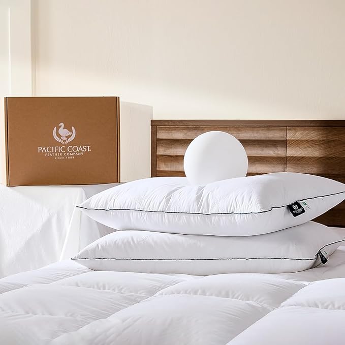 Pacific Coast Bed Pillow, Luxury Hotel Collection Goose Feather & Down, Classic Diamond Quilted Pattern, for Side and Back Sleepers, Medium Support, King Size, 2-Pack