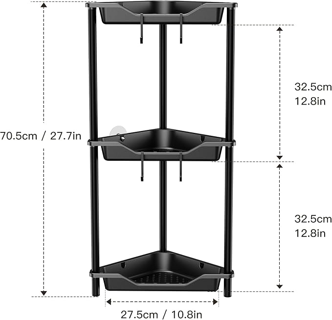 Orimade Rustproof 3 Tier Floor Standing Corner Shower Caddy Organizer, Plastic Metal Splicing Floor Corner Shelf Rack Stands for Bathroom, Black