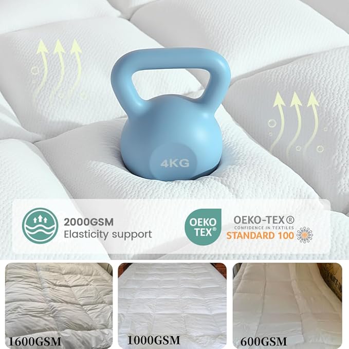 Queen Mattress Topper - Pillow Top Mattress Topper Queen Size Bed, Extra Thick Soft Plush Bed Topper for Back Pain Relief, White，Oeko-TEX Certified - 2000GSM