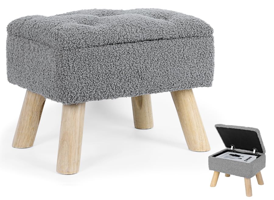 OGEMXU Storage Ottoman, Small Foot Stool Ottoman with Storage, Boucle Teddy Velvet Foot Rest with Padded Seat, Sturdy Wood Legs Stool for Living Room, Bedroom, Couch, Enterway (Cream) Dormly