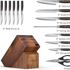 Yatoshi 15 Piece Knife Block Set - Pro Kitchen Knife Set Ultra Sharp High Carbon Stainless Steel with Ergonomic Handle, New