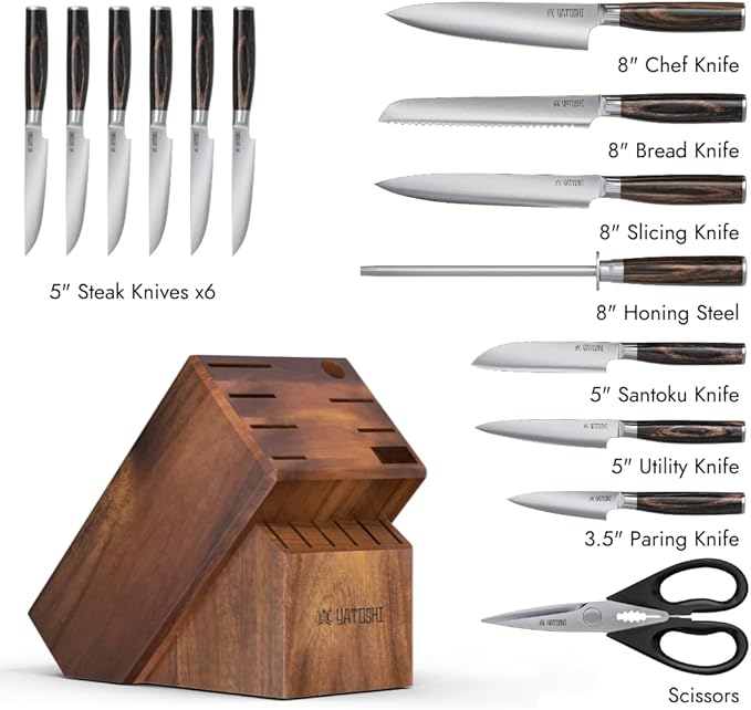Yatoshi 15 Piece Knife Block Set - Pro Kitchen Knife Set Ultra Sharp High Carbon Stainless Steel with Ergonomic Handle, New